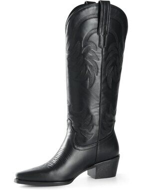 Women's Black Microsuede Cow Girl Knee High Stylish Pointed Toe Block Heel Boots